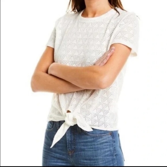 Madewell Texture and Thread Open Knit Geo Eyelet Tie Waist T-Shirt Top Large - Picture 2 of 8